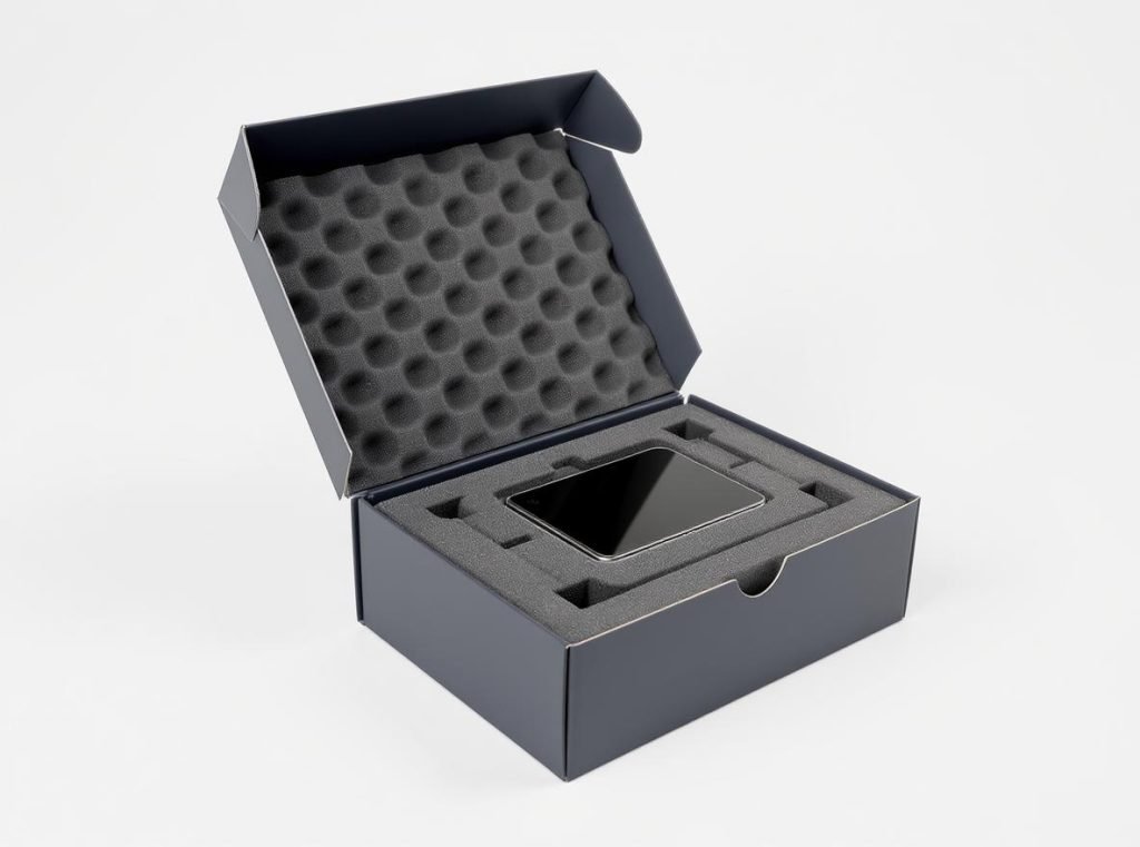 Successfully packaged electronics in premium rigid boxes with custom foam inserts showing professional results