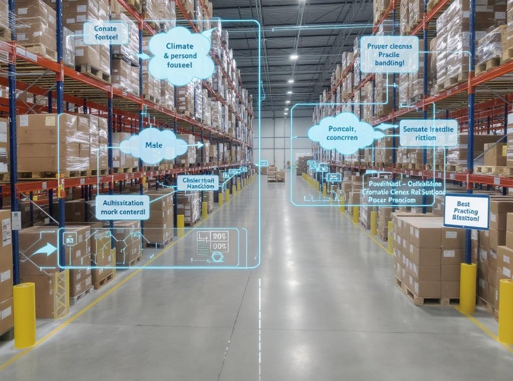 Complete warehouse setup demonstrating all corrugated box storage best practices including climate control and proper stacking