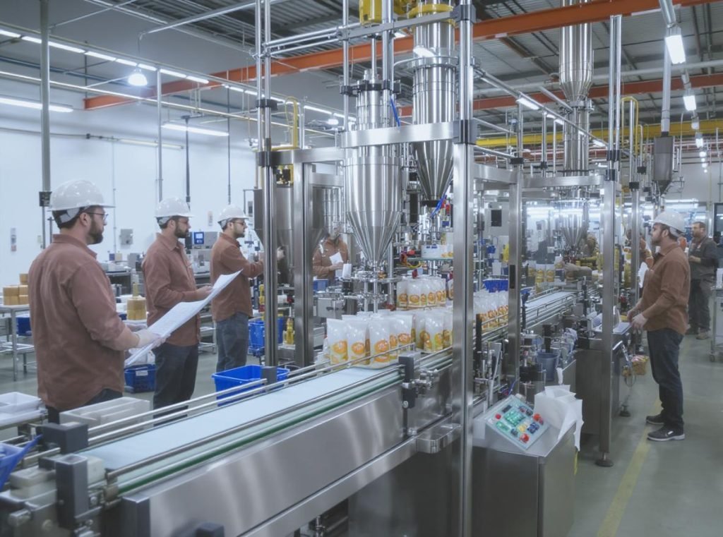 Modern food manufacturing facility showing stand-up pouch filling equipment and quality control processes