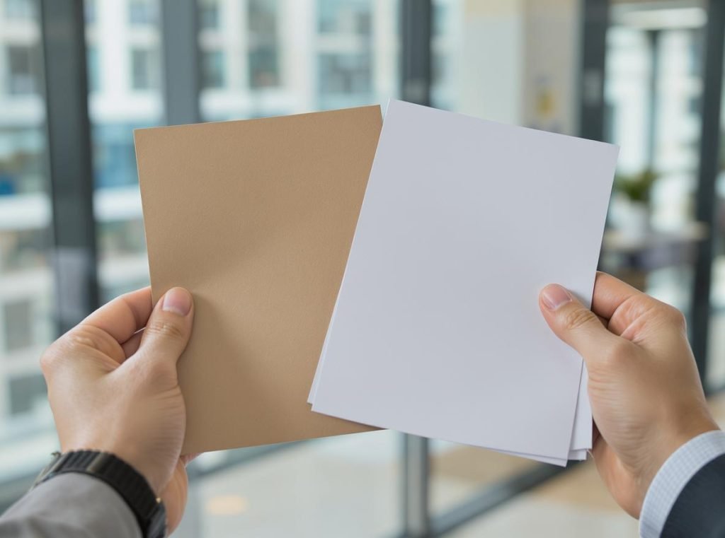 Business professional comparing bleached and unbleached kraft paper samples for packaging decision