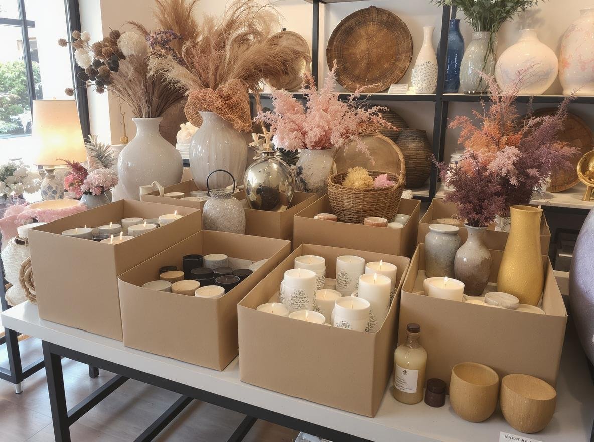 Home decor products secured in collapsible rigid boxes demonstrating protective packaging for fragile items