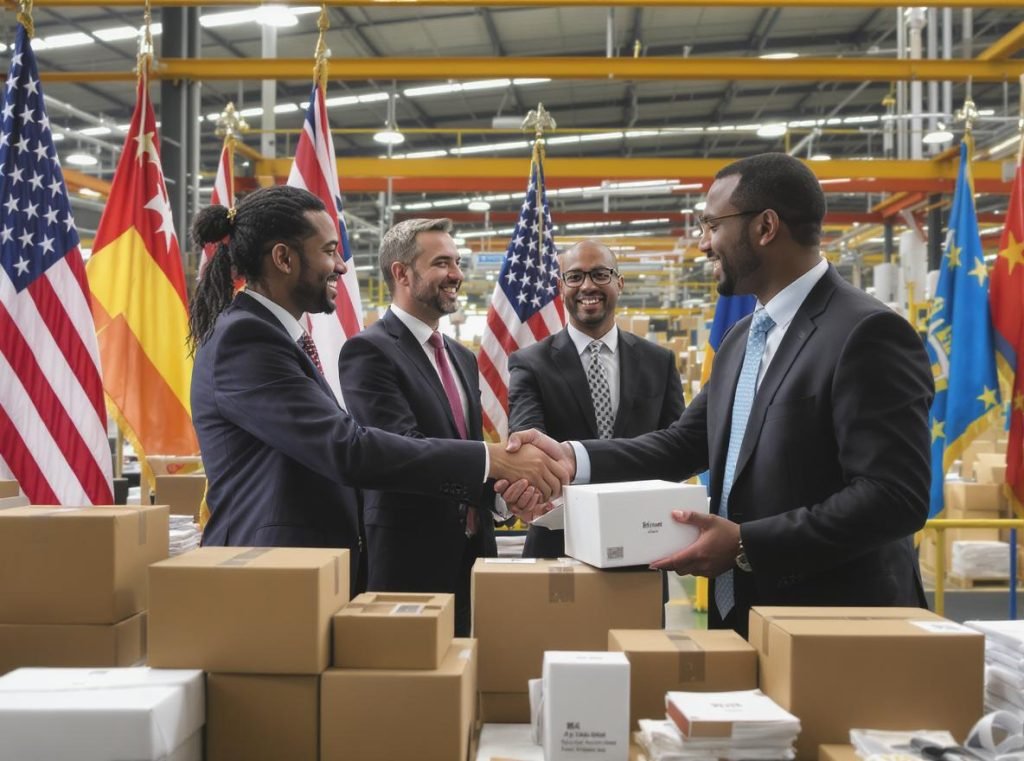 Successful partnership celebration with custom packaging boxes and international business team