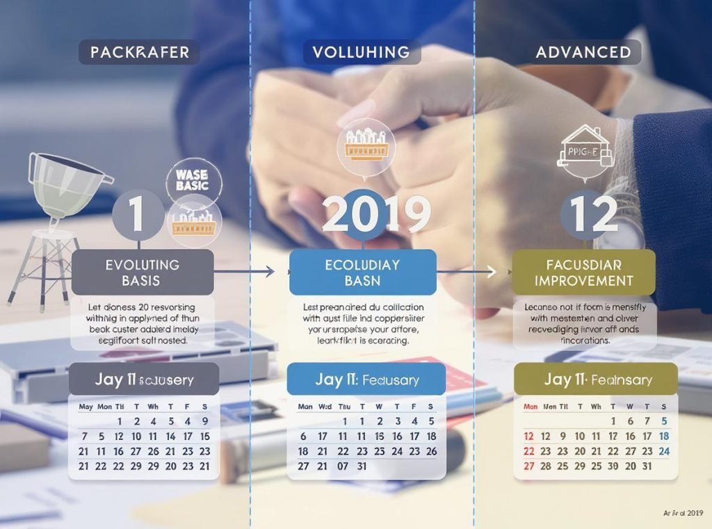 Three-phase implementation timeline showing packaging evolution from basic to advanced over 12 months