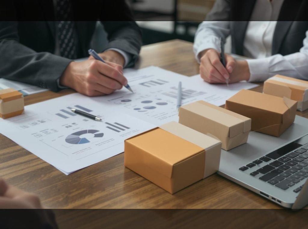Professional packaging consultant meeting with custom box samples and technical analysis