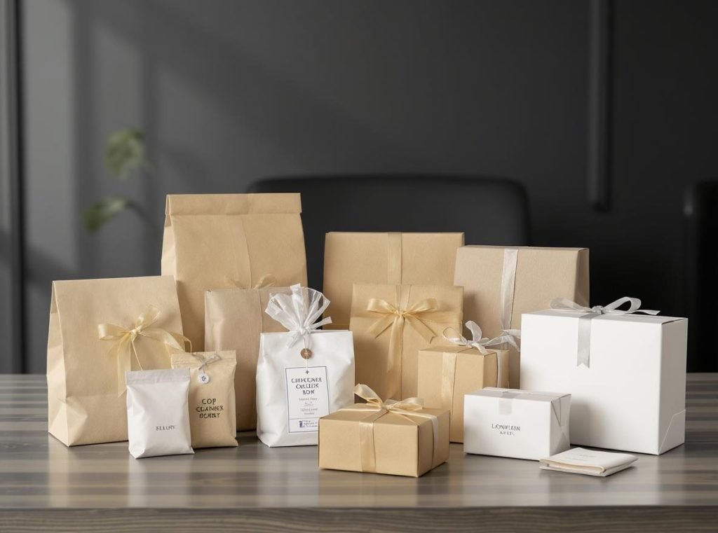 Different business types and their packaging needs showing small business, e-commerce, and luxury retail applications