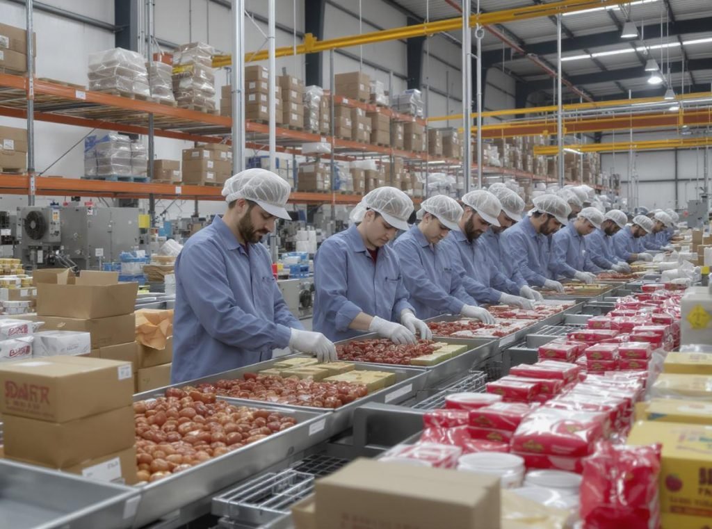 Modern food packaging manufacturing facility with quality assurance and finished products