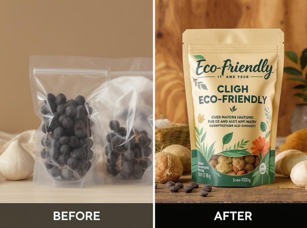 Before and after comparison showing transformation from traditional to eco-friendly custom packaging