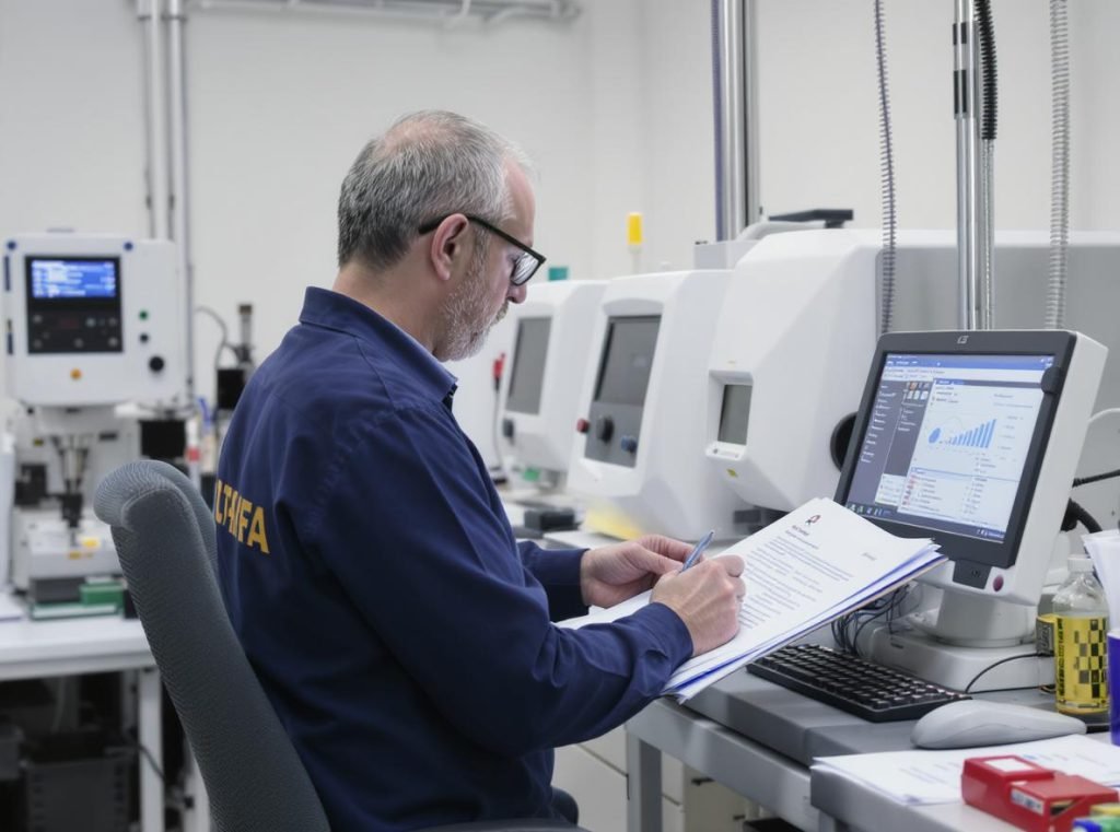 Professional third-party quality control inspector conducting comprehensive product inspection