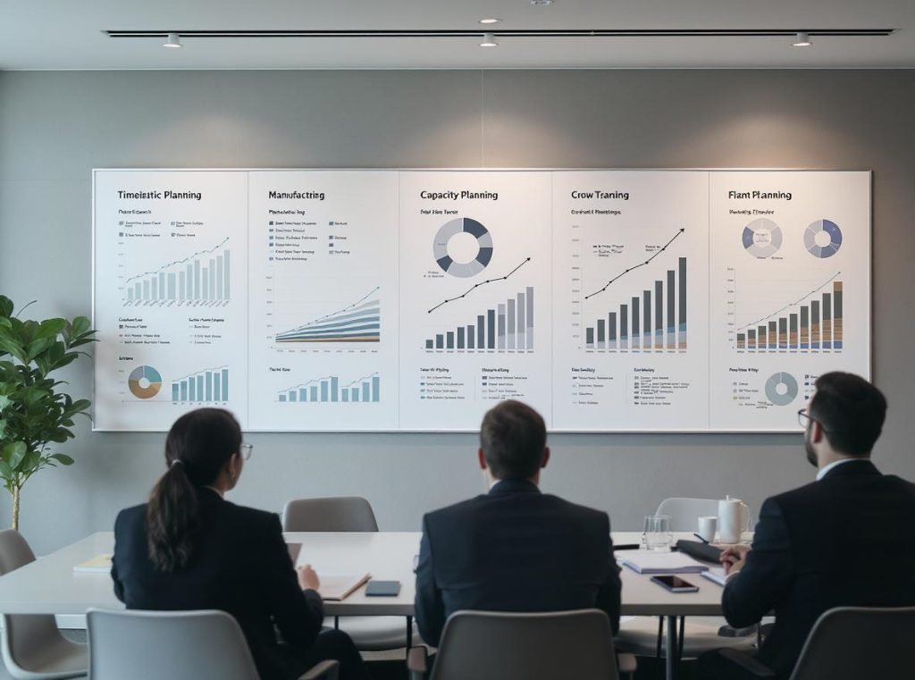 Strategic capacity planning meeting with timeline charts and growth projections for long-term reliability