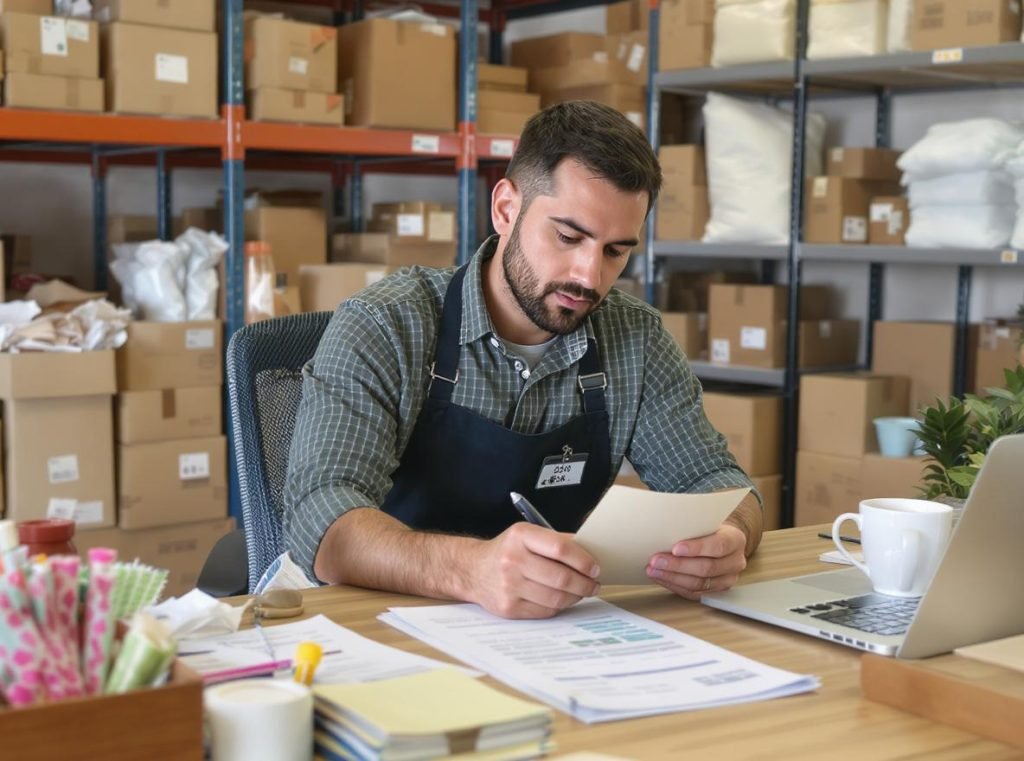 Small business owner calculating cost-effective packaging solutions for fragile items