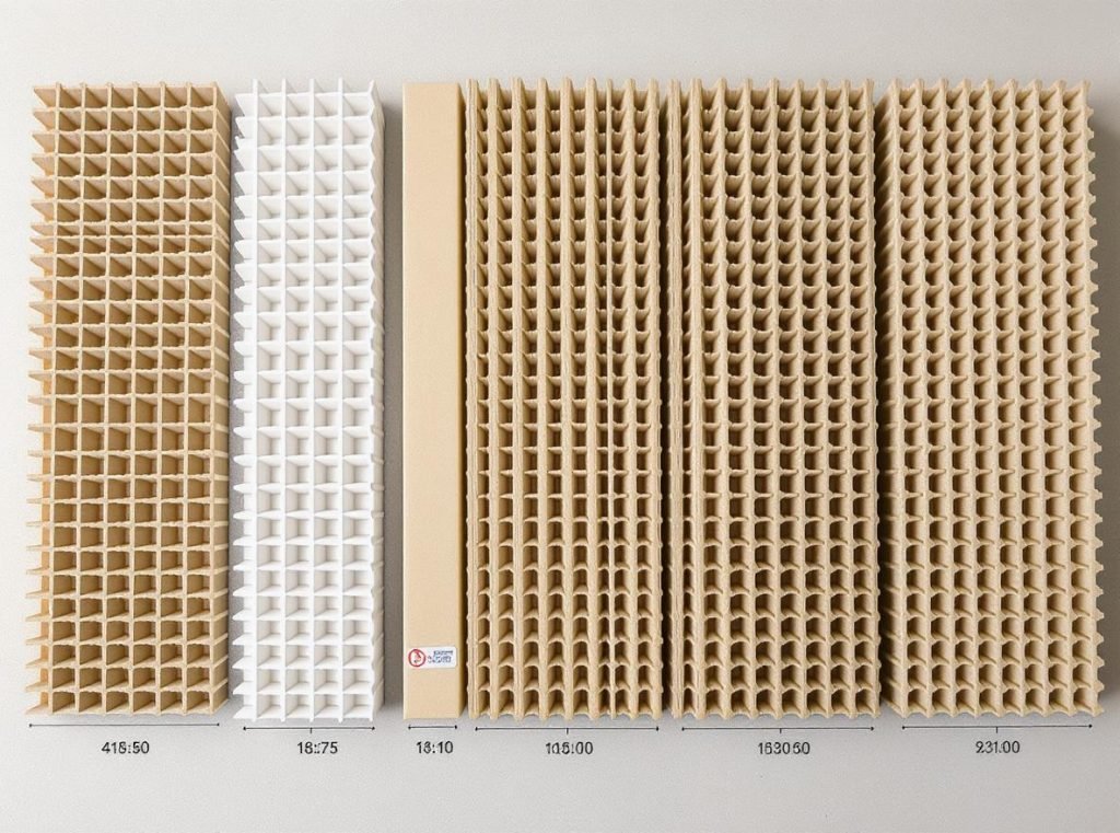 Organized display of corrugated flute samples showing thickness comparison for packaging selection guide