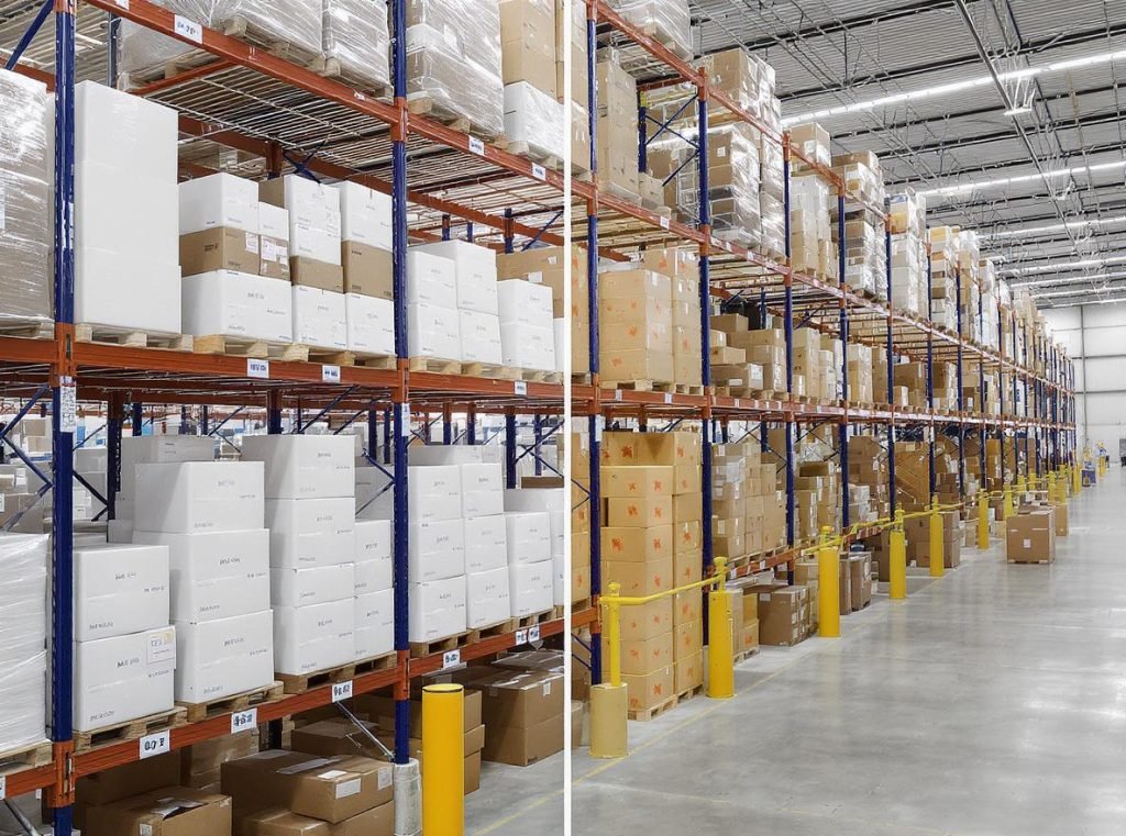 Professional corrugated box warehouse showing organized white and kraft packaging inventory