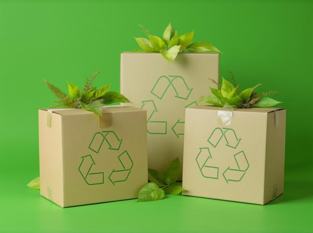 Eco-friendly corrugated boxes with sustainability symbols showing environmental benefits