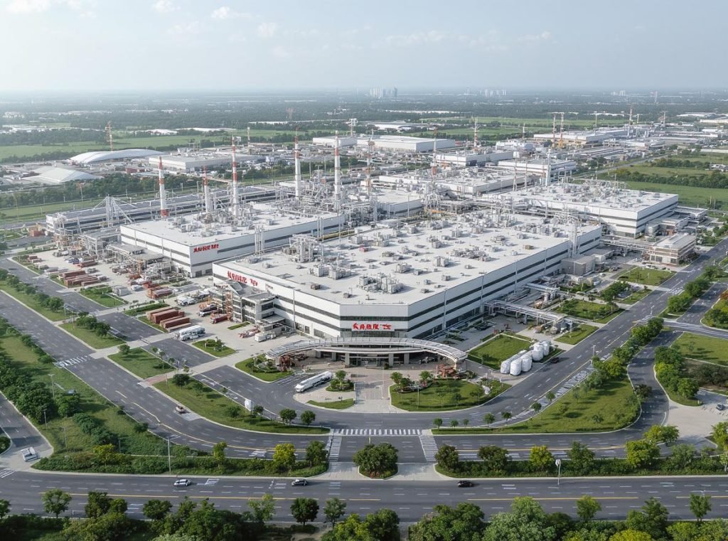 Aerial view of Chinese packaging industrial complex showing scale and organization
