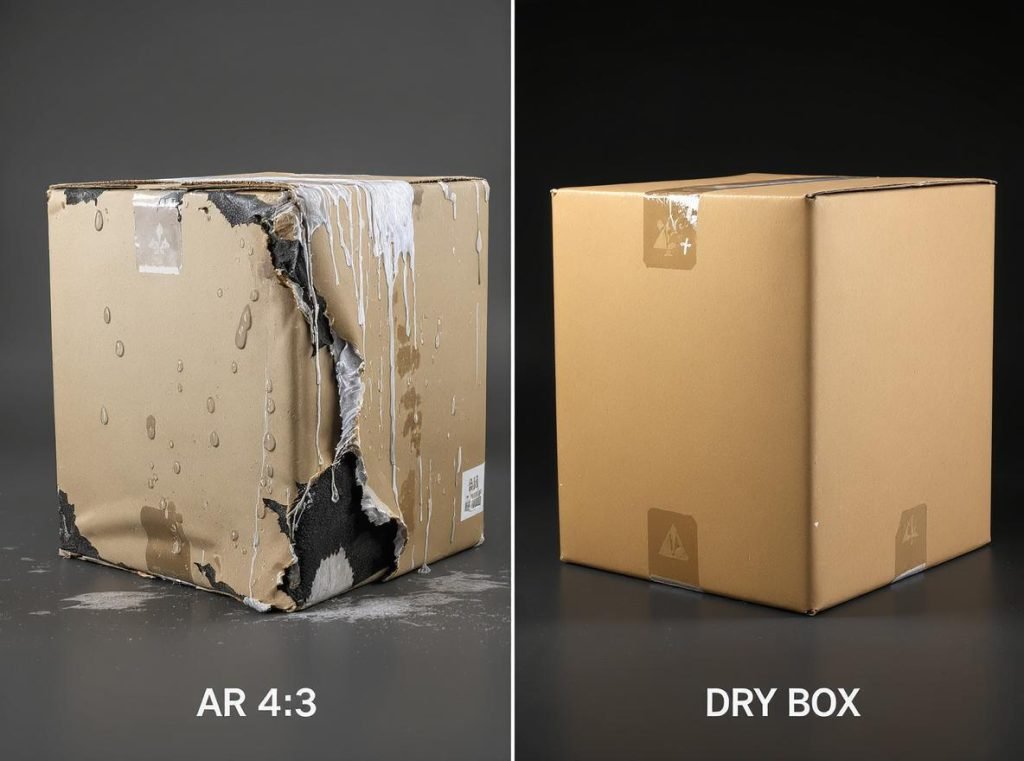 Moisture damage effects on corrugated C-series boxes showing structural weakness challenges