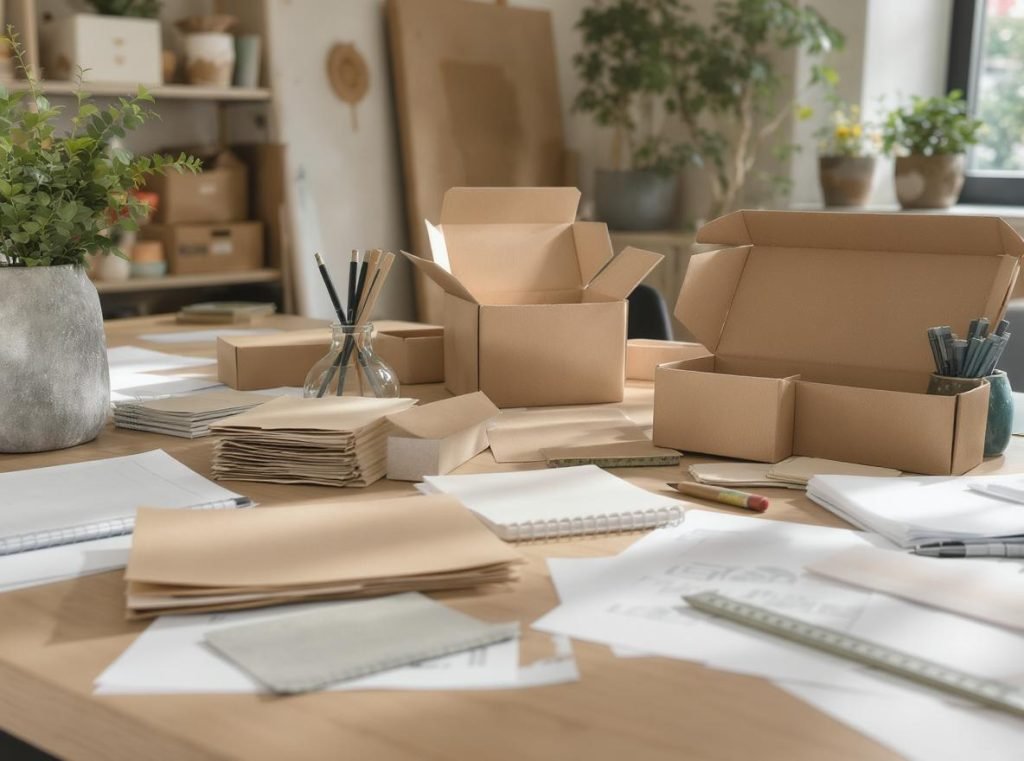 Custom sustainable packaging design workspace showing eco-friendly corrugated solutions and design process