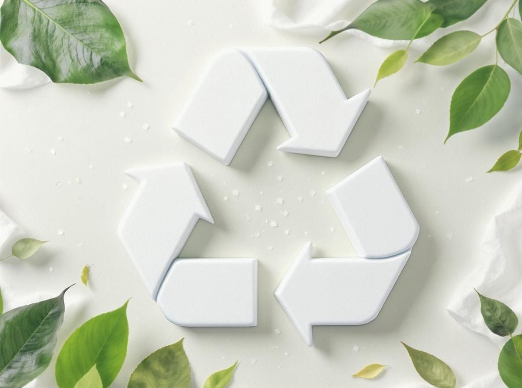 Sustainable foam packaging with recycling symbols and eco-friendly materials