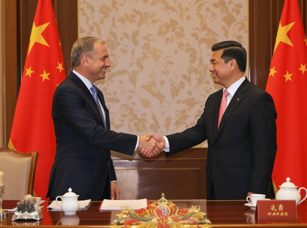International business partnership handshake showing cross-cultural collaboration between Western and Chinese professionals