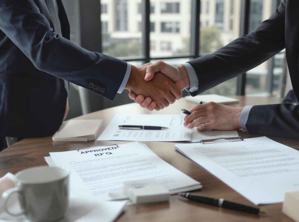 Professional handshake celebrating successful RFQ and packaging procurement outcome