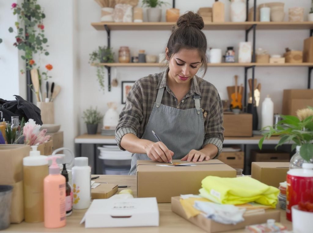 Small business owner creating cost-effective custom packaging solutions on limited budget