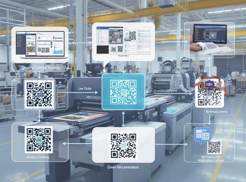Manufacturing workflow showing QR code integration process and quality control