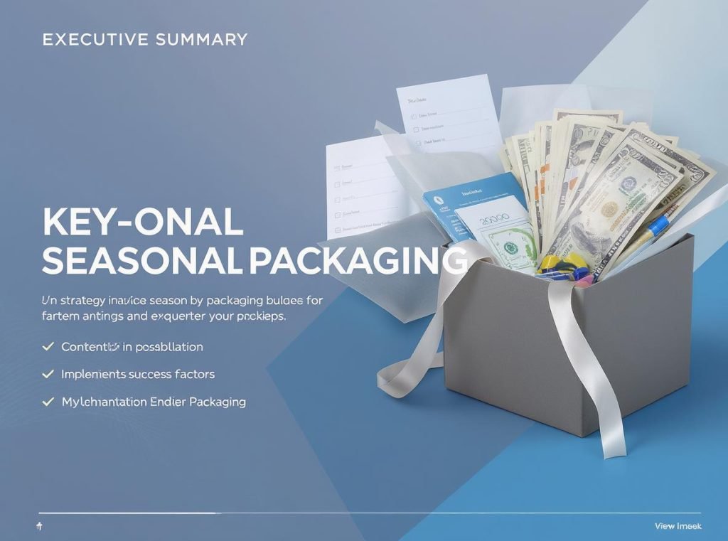 Seasonal packaging implementation summary showing key strategies, planning checklist, and success factors