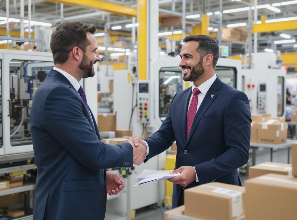 Successful business partnership handshake in modern packaging factory showing manufacturing collaboration