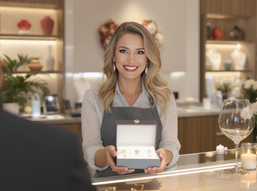 Successful jewelry business owner with custom jewelry packaging demonstrating business growth