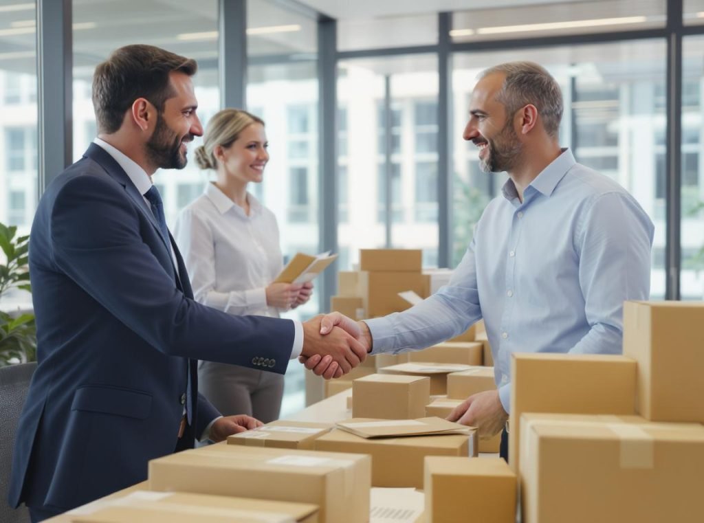 Professional corrugated packaging consultation meeting showing business partnership success