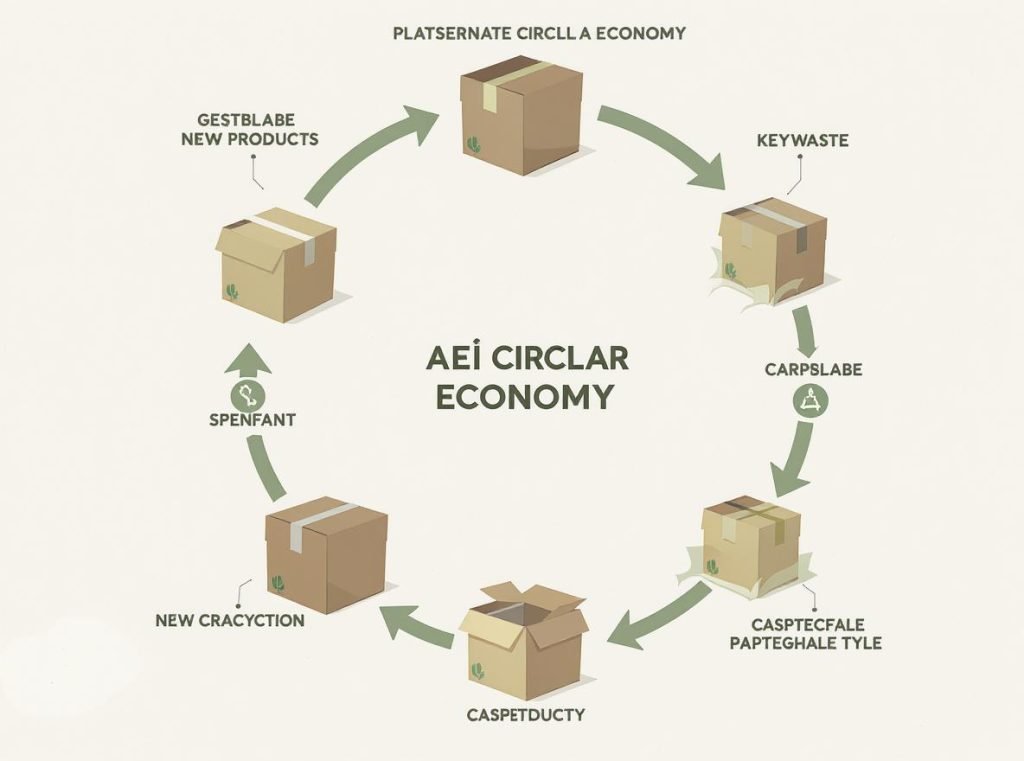 Circular economy diagram showing corrugated box recycling cycle from waste to new packaging products