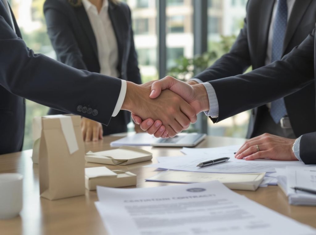 Business partnership handshake with packaging supplier after successful evaluation and contract signing