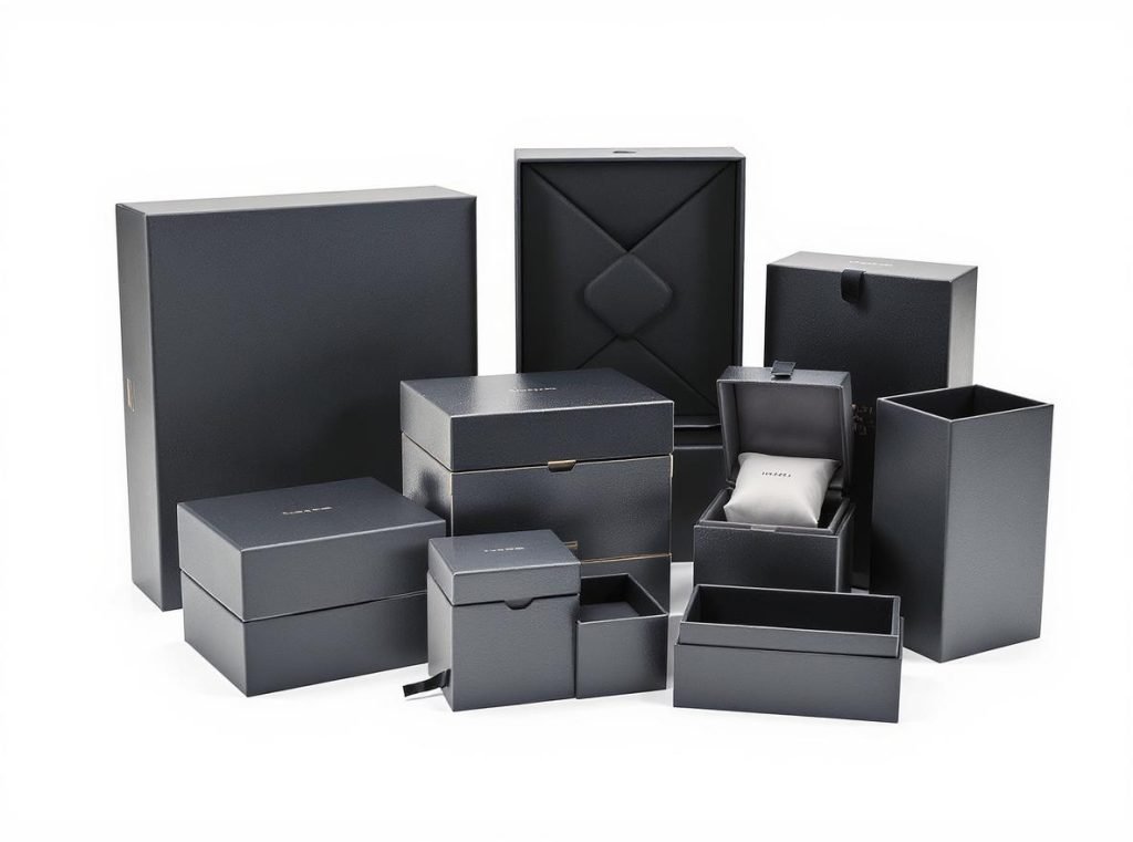 Collection of perfectly fitted rigid boxes showing precision manufacturing results