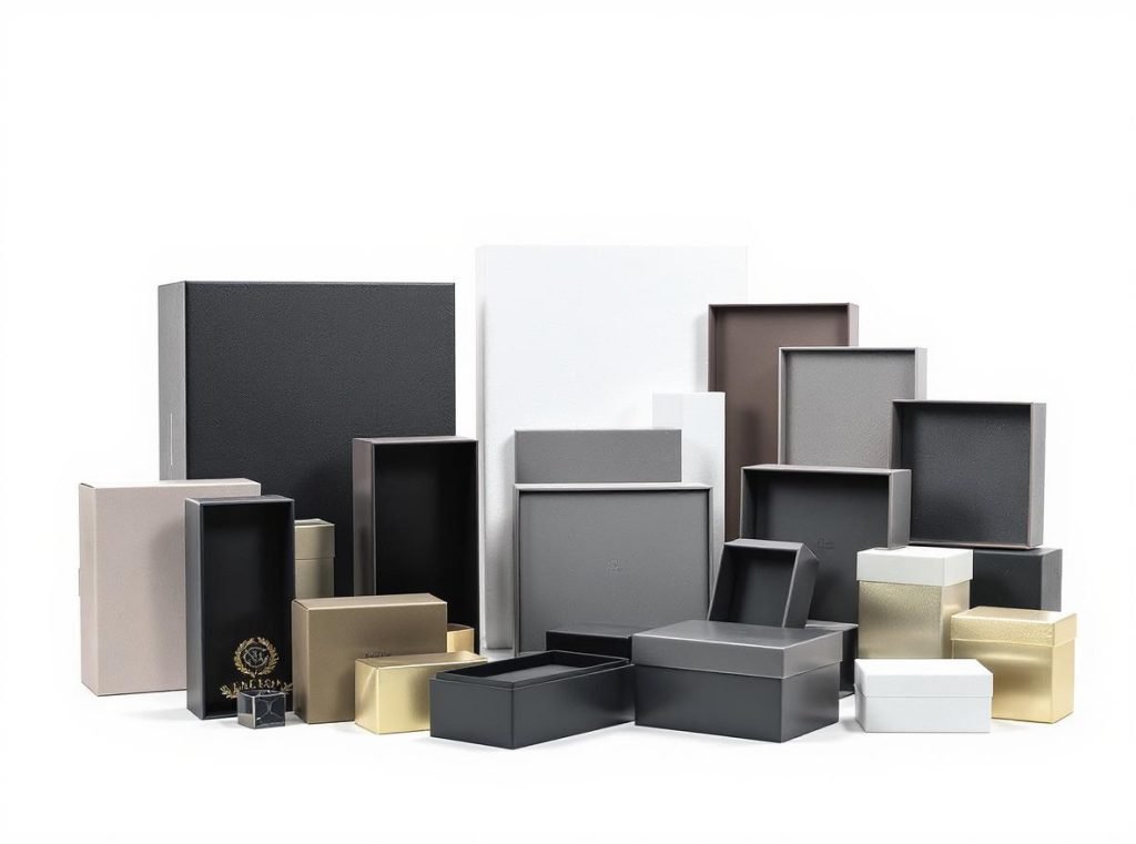 Complete collection of textured rigid boxes showing various premium finishing techniques