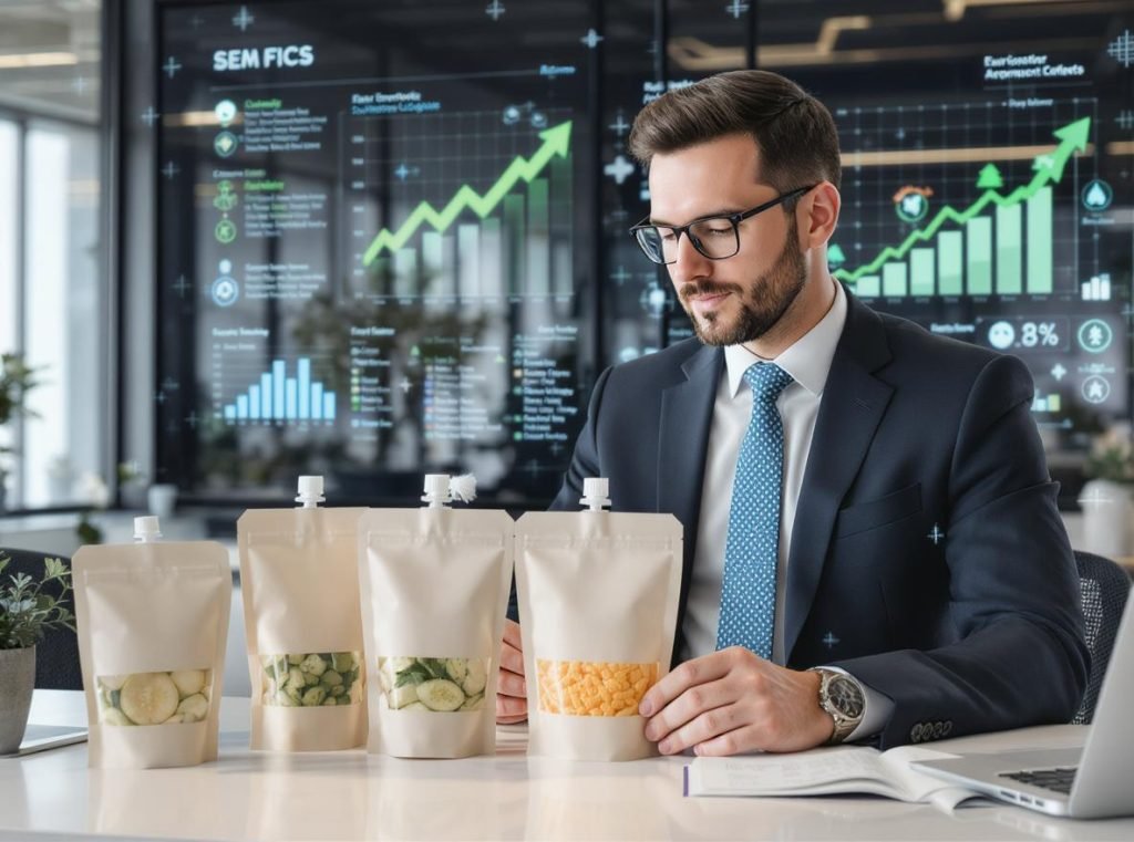 Food business owner reviewing successful stand-up pouch product line with growth metrics in background