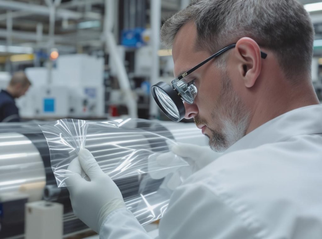 Packaging professional evaluating barrier film quality and specifications