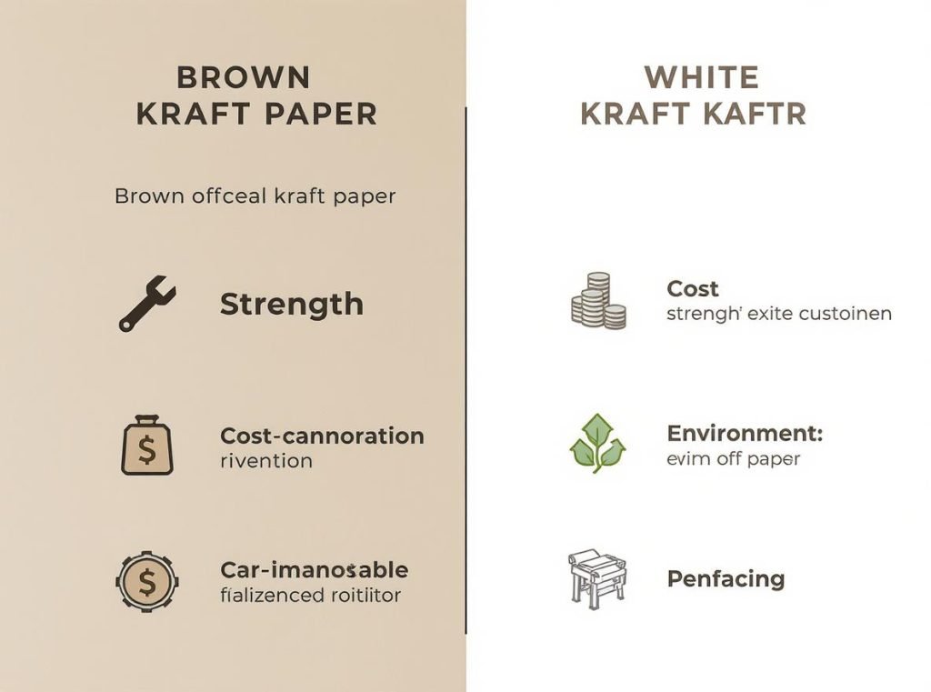 Summary infographic comparing key differences between bleached and unbleached kraft paper including strength, cost, and environmental factors