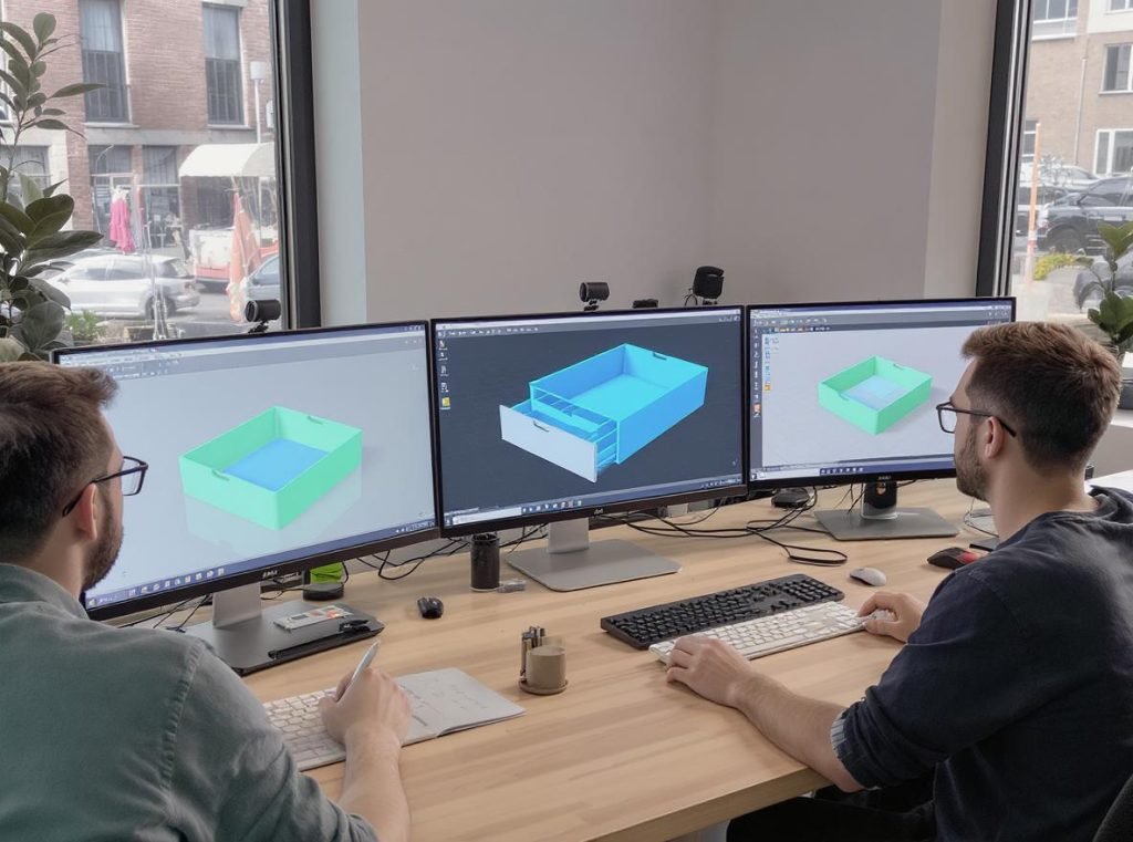 Drawer box design process showing 3D modeling and prototyping in professional design studio