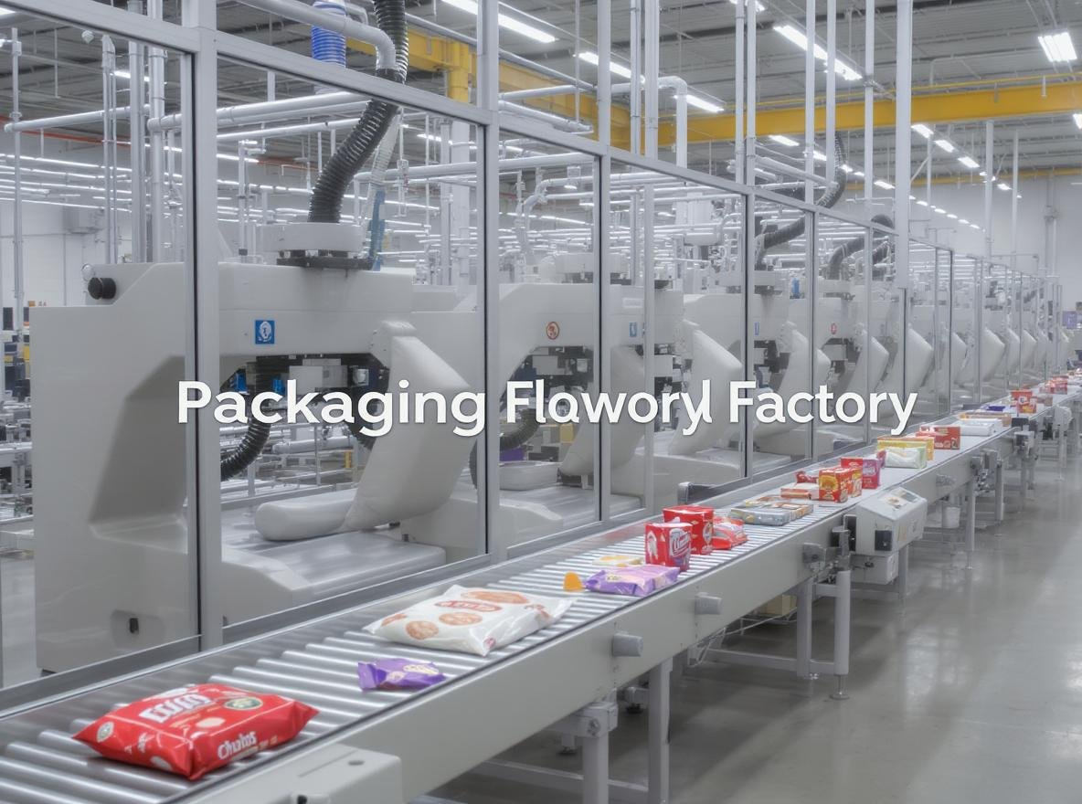 Flow wrap packaging machines in modern manufacturing facility creating pillow pack products