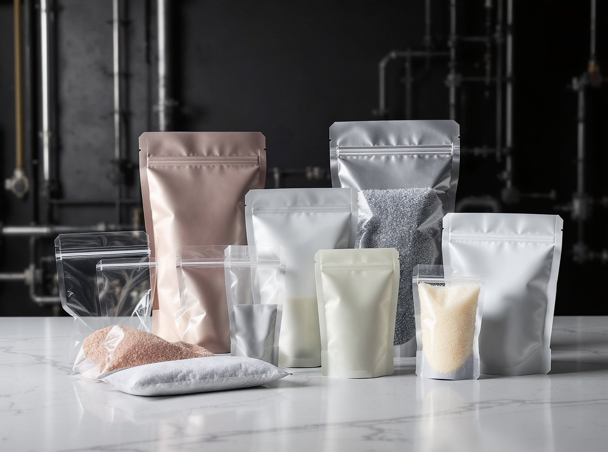Various types of retort pouches for food packaging including stand-up and flat designs