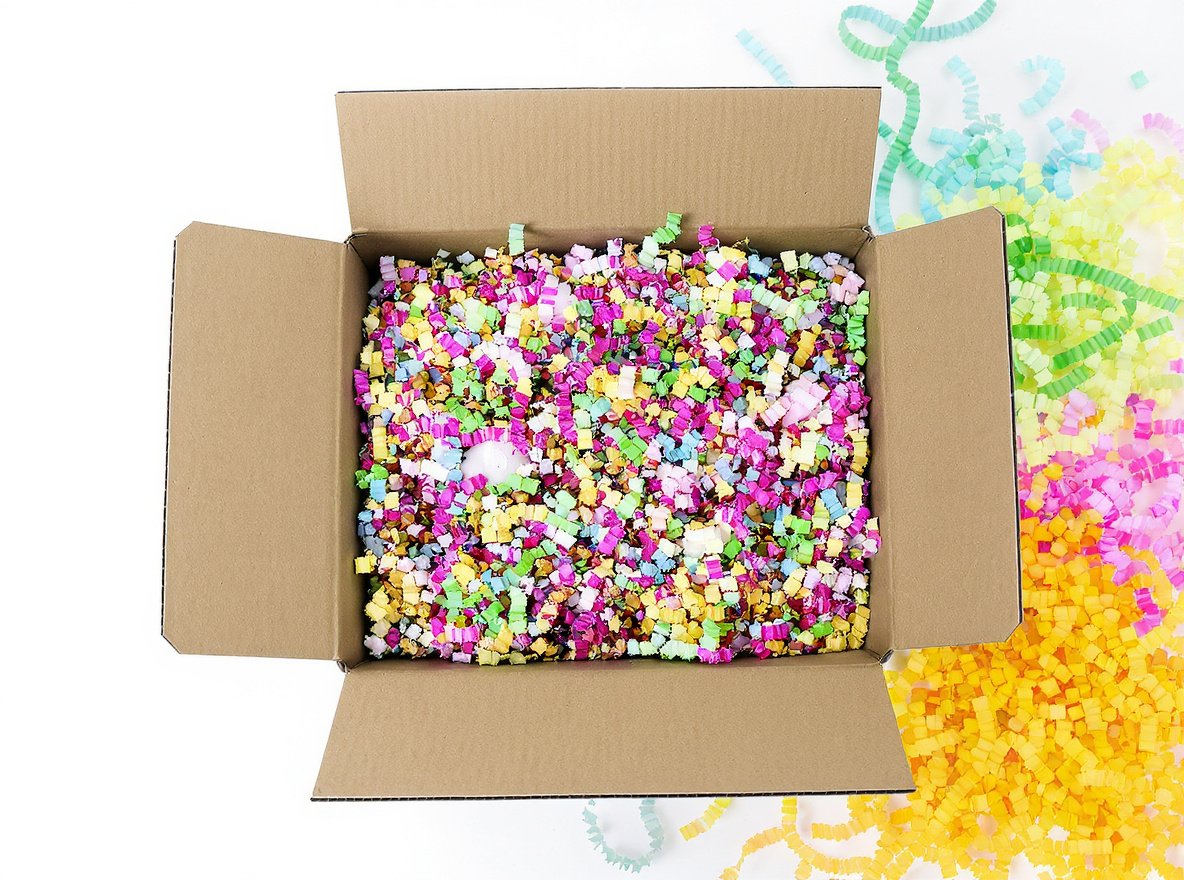 Crinkle-cut paper filler in shipping boxes showing colorful packaging materials for product protection