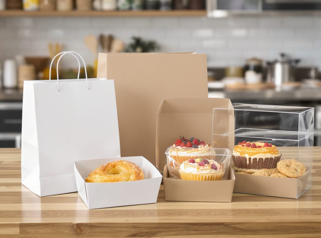 Various bakery box materials including paperboard, kraft paper, and corrugated cardboard with pastries