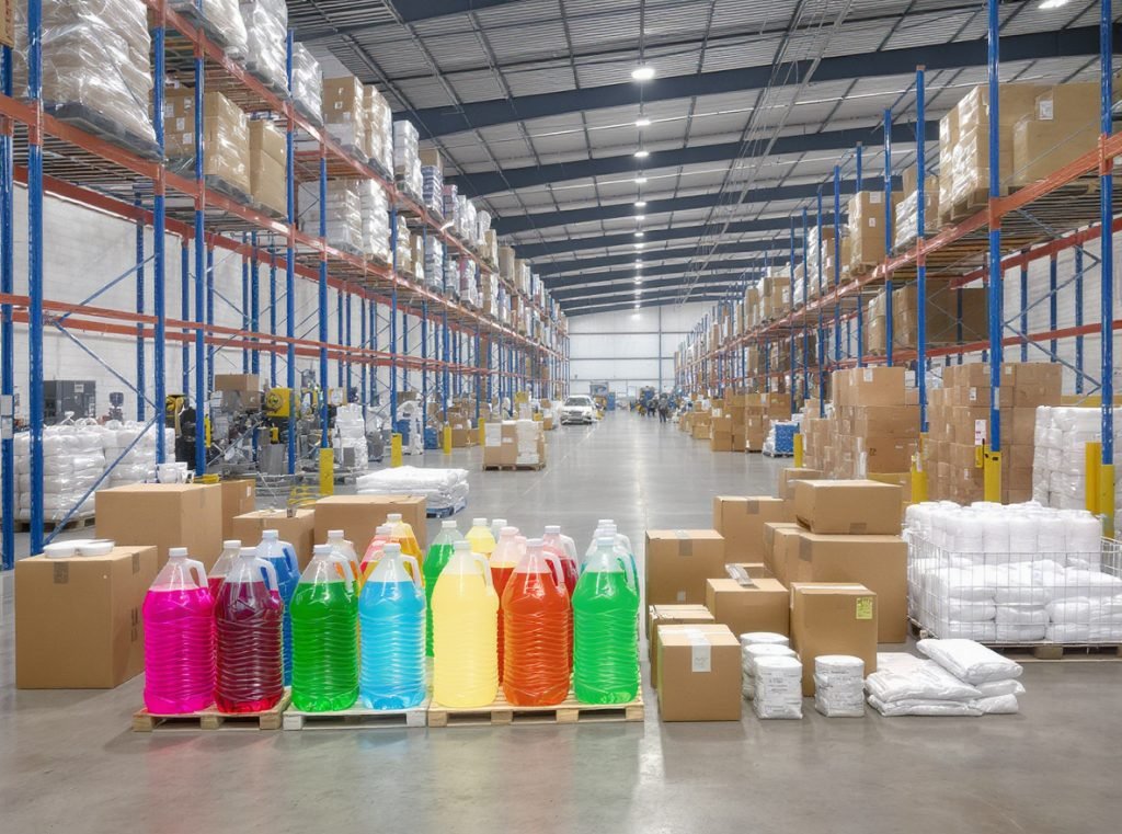 Professional liquid packaging warehouse with bottles containers and shipping boxes