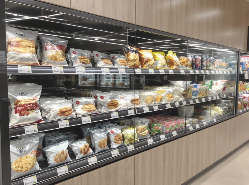 Food packages with transparent windows displaying various products on retail shelf