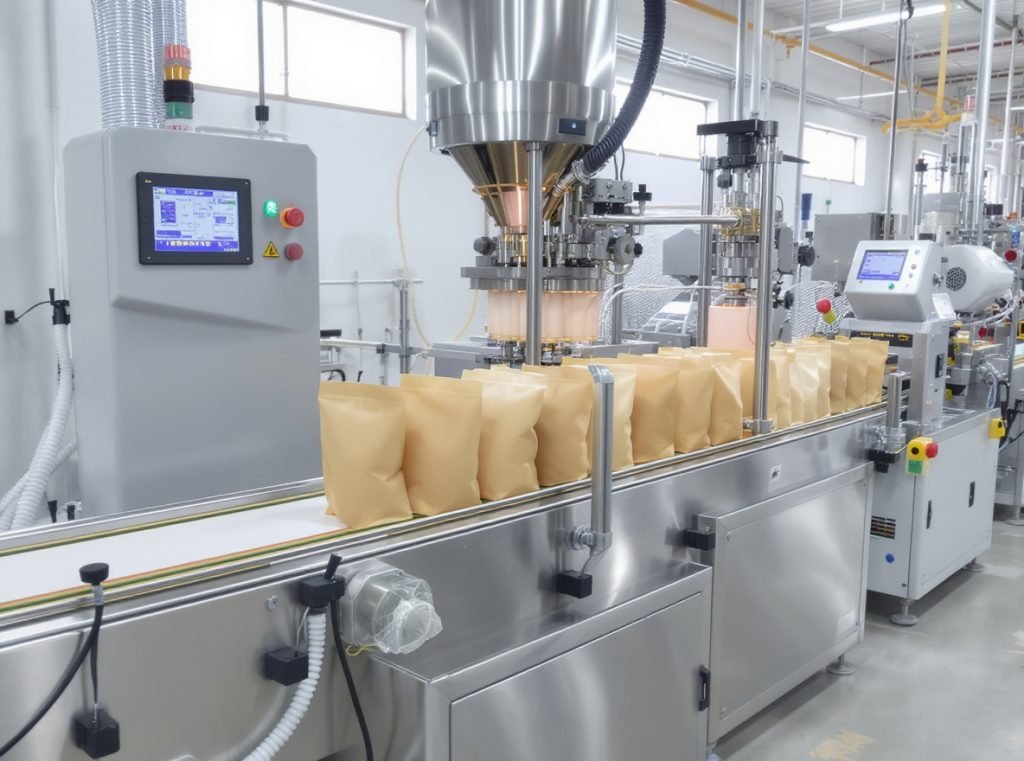 Modern flexible pouch manufacturing line with seal testing equipment and quality control systems