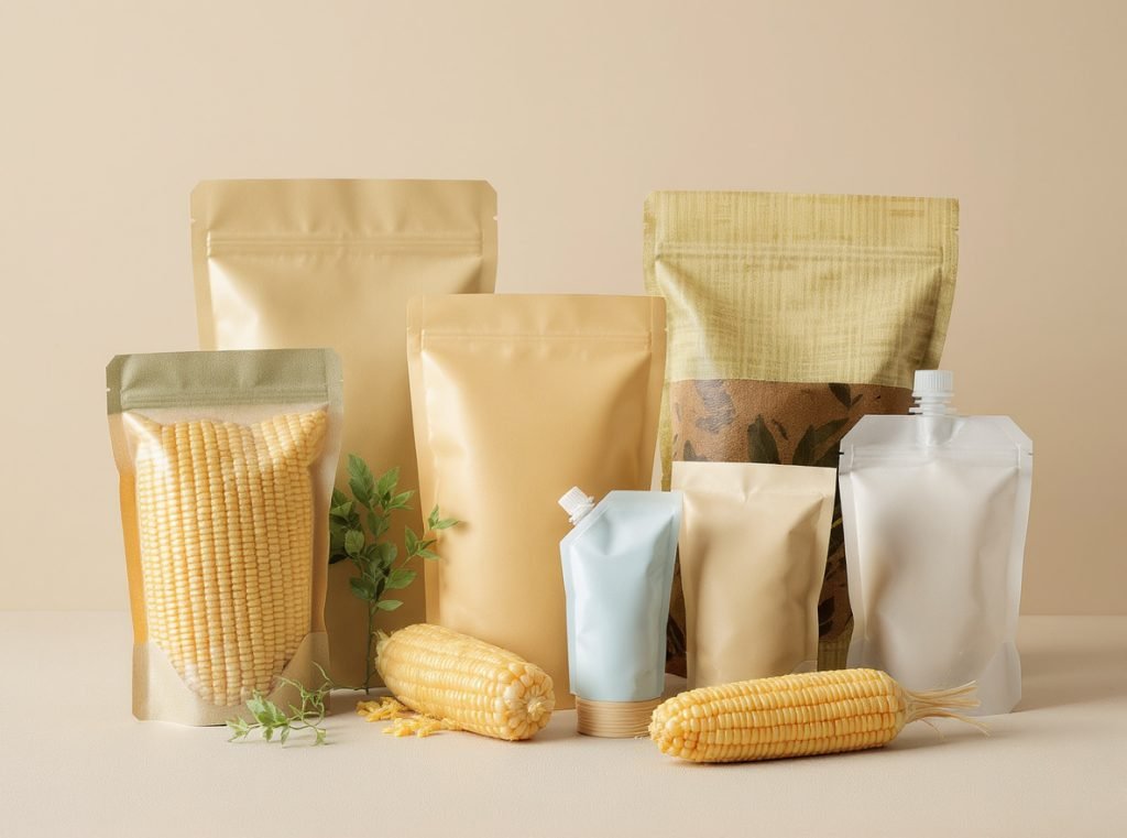 Compostable flexible packaging made from plant-based materials including PLA and cellulose