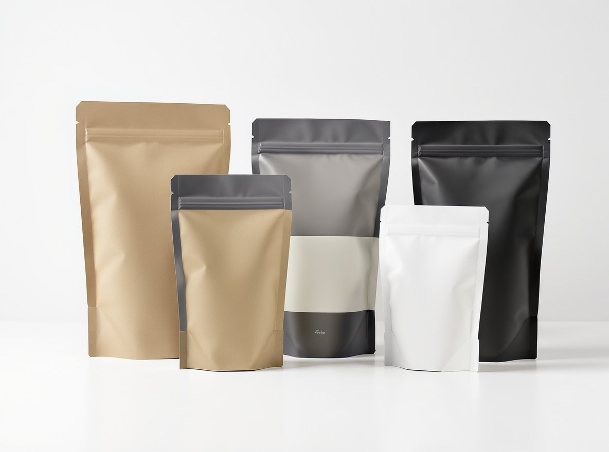 Various types of gusseted pouches showing side gusset coffee bags and bottom gusset stand-up pouches in comparison with flat pouches