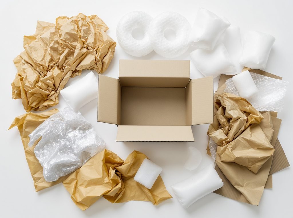 Different types of void fill packaging materials including paper, foam, and plastic options
