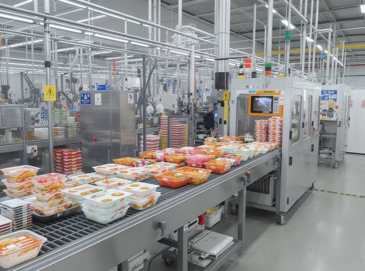 Ready-to-eat meal packaging design and manufacturing process showing various container types and safety standards