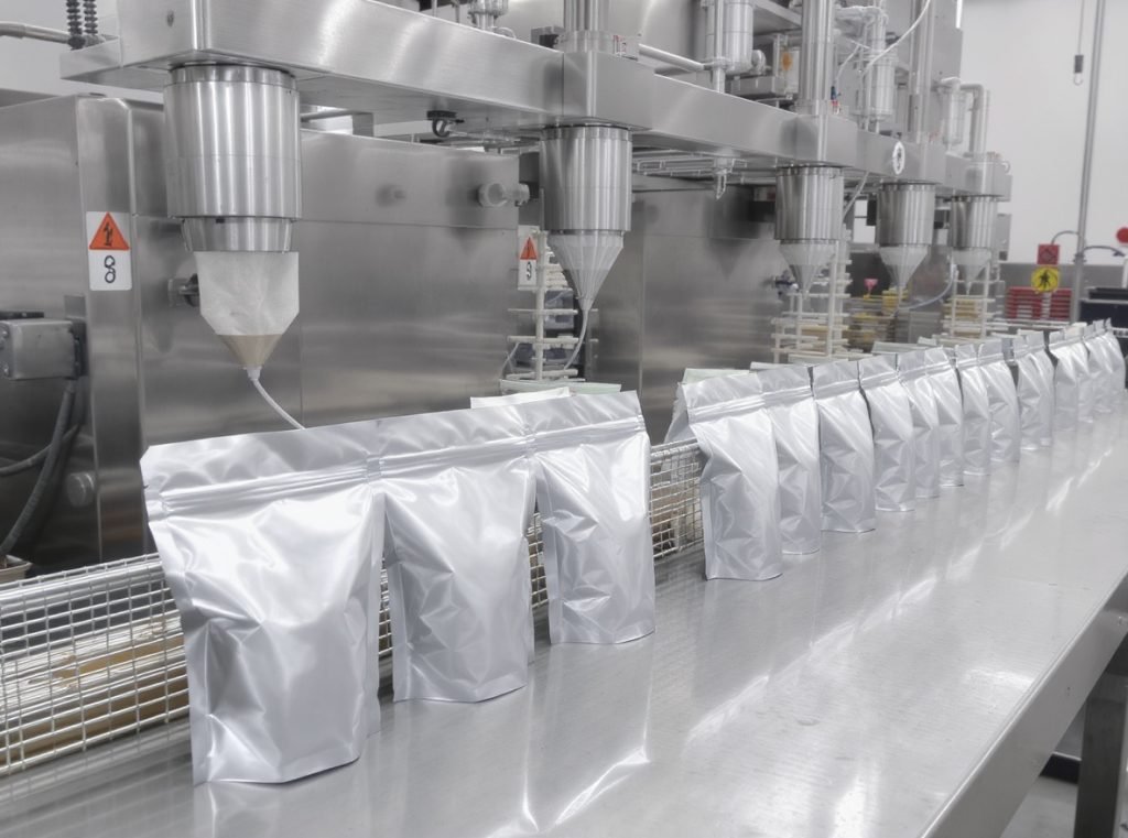 Professional tea bag packaging facility with aluminum foil pouches and sealing equipment