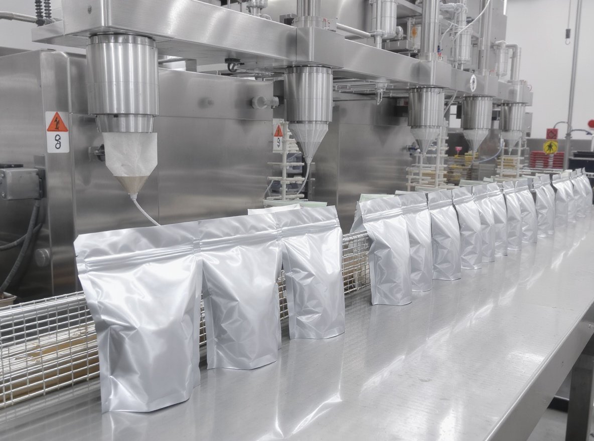 Professional tea bag packaging facility with aluminum foil pouches and sealing equipment